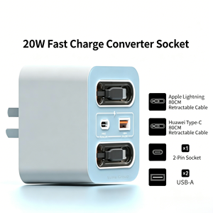 Convertisseur de charge rapide 20W YuHe Group avec câble rétractable USB-C USB-A Prise 2 broches - Product Image 1