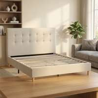 Lit moderne et confortable sans rangement, plateforme basse, double, capitonné, en tissu, silencieux, avec lattes renforcées en bois de bouleau