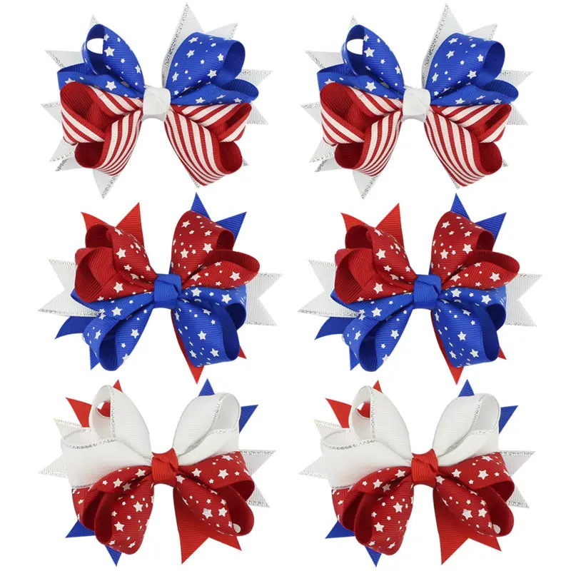 4 ''NEW 4th Of July Boutique Hair Clip Red Blue White Bow With Star Grosgrain Ribbon Bows Hair Accessories