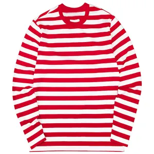 Atacado Custom 95% Algodão 5% Spandex Camisa Dos Homens T-Shirt de Manga Longa Faixa Respirável Mens Casual Tripulação Striped Neck T Camisa