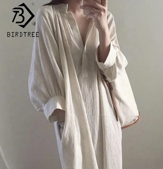 Real Videos Cotton Linen Dress For Women Maxi Dress Dual Pockets Loose Casual Split Shirt Dress Women Clothing T9N003B