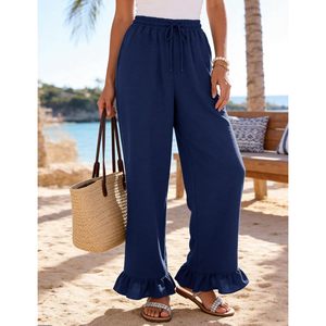 Pantalones Palazzo de Pierna Ancha para Mujer FOXA, de Lino y Algodón, con Volantes, Cintura Elástica, Estilo Casual y Holgado, con Bolsillos, para la Playa - Product Image 3
