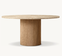 Table à Manger Ronde de Luxe Moderne pour Salon, Piètement en Chêne, Plateau en Pierre