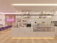 Design moderne de boutique de desserts sucrés personnalisée, design décoratif rose, comptoir de boulangerie en marbre blanc, design d'intérieur de boutique de pâtisserie