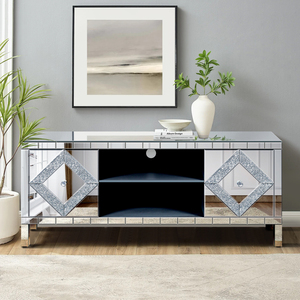 Mirror TV Media Console 47 Inch Diamond Glass Doors Dual Door <b>Open</b> <b>Storage</b> Space Compatible With 50 Inch - Product Image 1