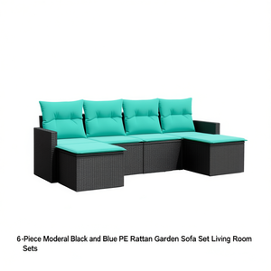 Set di Divani da Giardino Modulari in Rattan PE Nero e Blu, 6 Pezzi, per Soggiorno - Product Image 1