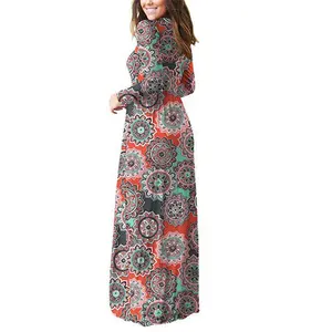 Women Long Sleeve Flower Print Loose Plain Maxi Dresses Casual Long DressesとPockets