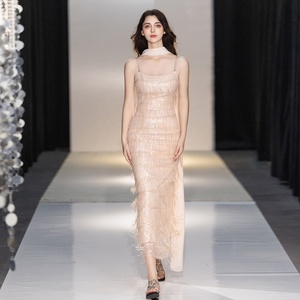 Robe de soirée à franges et paillettes, champagne, sans manches, col <span class=keywords><strong>carré</strong></span>, longue robe de soirée pour femmes avec écharpe en soie - Product Image 2