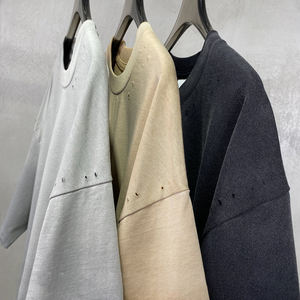 เสื้อยืดแนวสตรีทไซส์ใหญ่แนววินเทจของผู้ชายเสื้อ250GSM คอกลมแนววินเทจแบบมีรอยขาดกรดซักเสื้อผ้าแนวสตรีท - Product Image 3