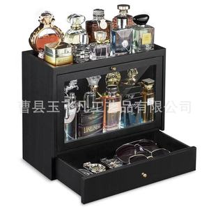 Solid Wood Perfume Storage Box <b>Rectangle</b> Desktop Double Layer Organizer For Home Use With Glass Door And Drawer - Product Image 2