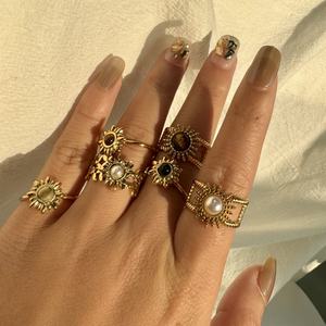 Wholesale Natural Stone Turquoise <b>Ring</b> 18K Gold Plated <b>Sunflower</b> Sun Gemstone Open Adjustable Stainless Steel <b>Rings</b> for Women - Product Image 1