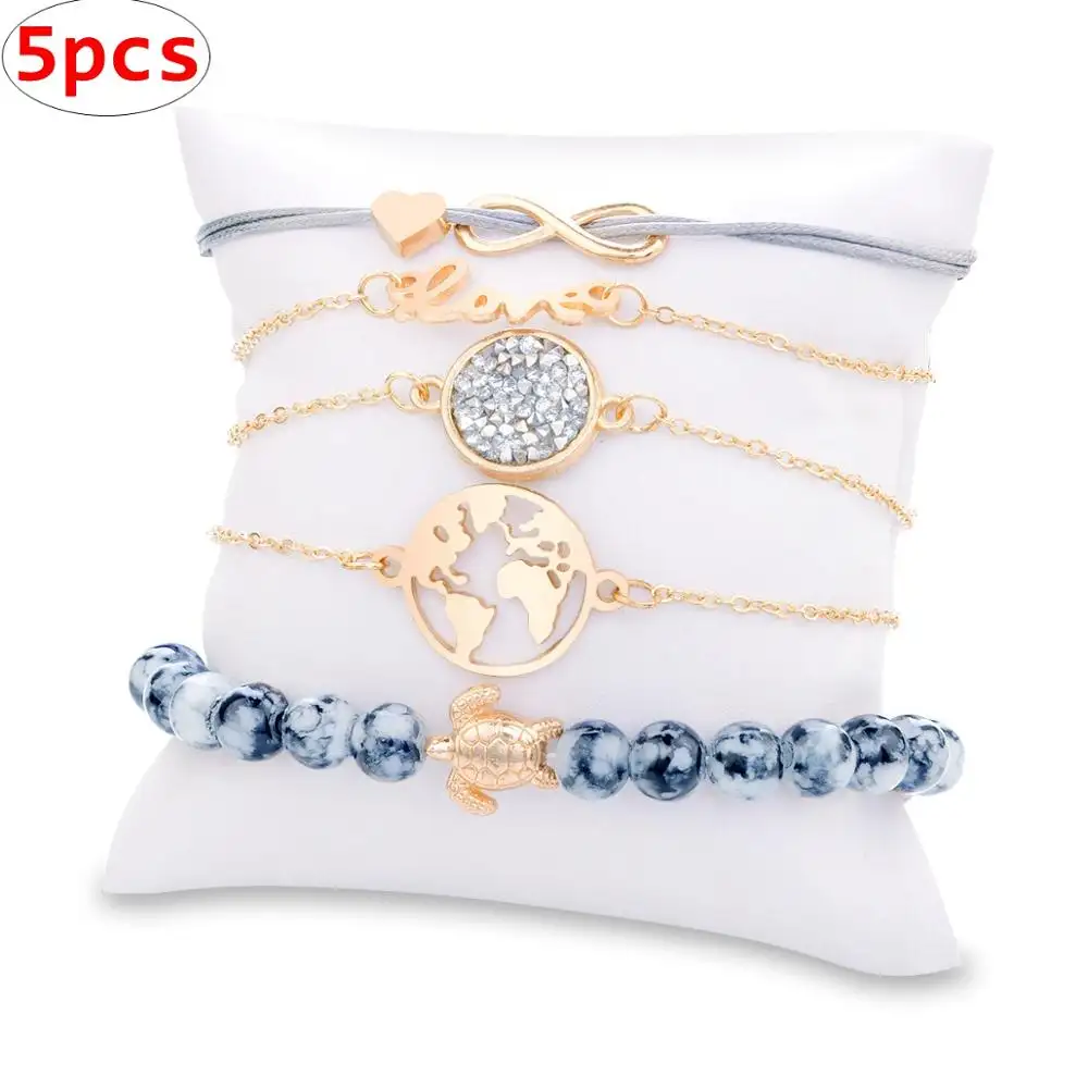 Q107082 bracciali set di gioielli lettera d'amore mappa del mondo tartaruga 5 pz/set braccialetto per le donne gioielli braccialetti
