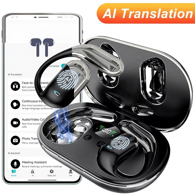 Q16-H3 AI Smart Translation Earphones Ear Hook Sports Digital Display Face-to-face Translation Audio/Video Call Active Noise