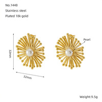 Boucles d'oreilles clous en acier inoxydable 304 plaqué or 18 carats sous vide, motif rayon floral perlé, 32x32mm, pour femme, cadeau