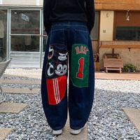 Pantalon en jean style américain rétro, design color-block, imprimé patchwork, coupe ample et large, pour hommes et femmes, nouveau style