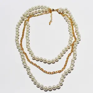 De gros chaîne 430-Collier rétro européen et américain, style port, Hepburn, perles de verre multicouches, chaîne dorée mixte, 430