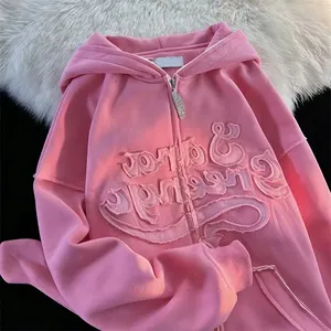 OEM Custom Y2K Higher Quality Clothing Men Oversized Streetwear Hoodie Vintage Applique Heavy Bordar Fleece Zip Up Hoodie