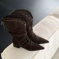 Bottes d'équitation pour femme en cuir véritable, à talon épais, mi-mollet, hiver, à bout pointu, à enfiler