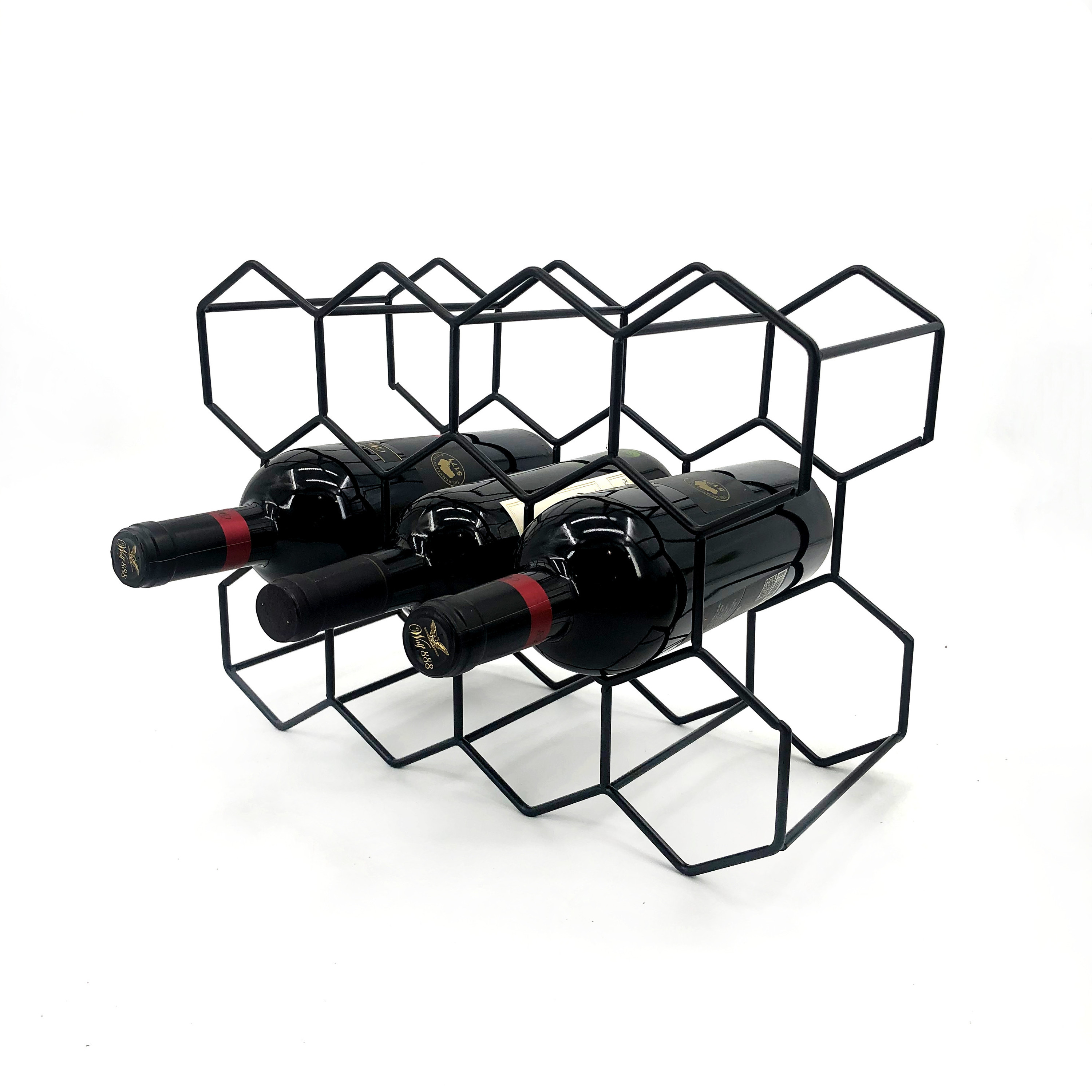 Manufacture hexagon design custom metal wire black coated wall mounted beer bottle holder desktop wine rack