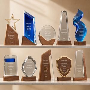 Employee Service Anniversary Crystal Plaque Craft with Wooden Base Custom Color Recognition Award Honor Wood Trophies Souvenir - Product Image 1