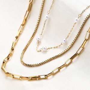 Collar de Cadena en Capas, Chapado en Oro de 18K, Acero Inoxidable, con Acento de Perla, Joyería de Moda para Mujer, Uso Diario, Diseño Geométrico BD1075 - Product Image 3