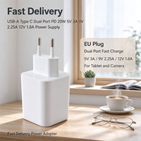 Adaptor Daya USB-A Tipe C Dual Port PD 20W 5V 3A 9V 2.25A 12V 1.8A Colokan EU untuk Tablet dan Pengisi Daya Speaker Telepon