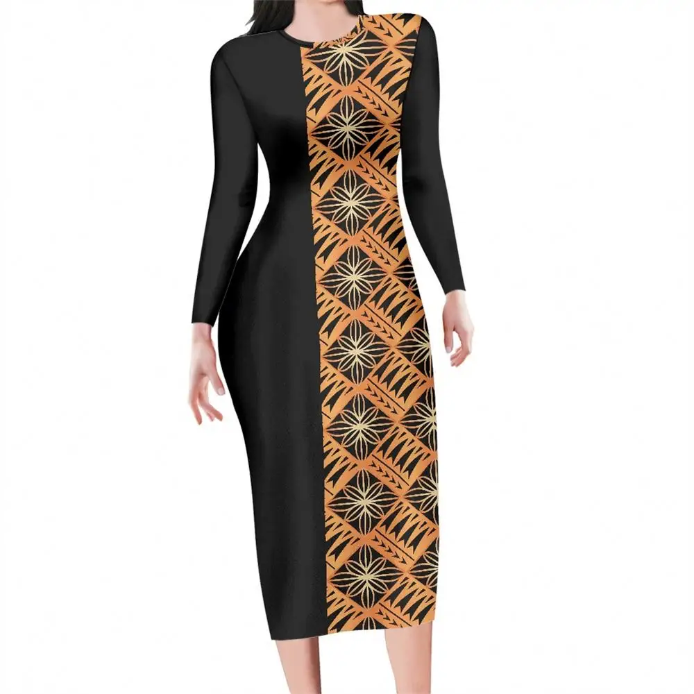 Custom Women Clothes Polynesian Tribal Black Orange Flower Print Customized Plus Size Women's Clothing Club Long Sleeve Dress
