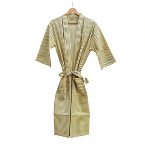 Bata de algodón a rayas para mujer, con cinturón, manga tres cuartos, estilo kimono, transpirable, para verano - Product Image 1