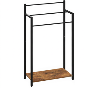 Freestanding Double Layer <b>Towel</b> Rack With <b>Shelf</b> Black Steel Minimalist <b>Bathroom</b> Organizer 3 Bars Over 60cm - Product Image 2