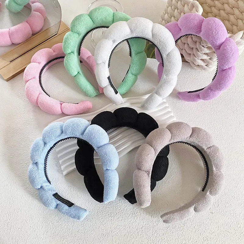 Toptan saç aksesuarları kaymaz kabarık Spa sert banyo havlusu bez kumaş bulut şekli Headbands SPA Hairband ile özel etiket