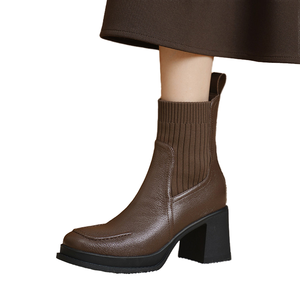 Fashion <b>Sheepskin</b> Square Toe Breathable Slip-On Short Ankle <b>Boots</b> <b>Women</b> Autumn Winter Elegant High Heel Sizes 40 - Product Image 4