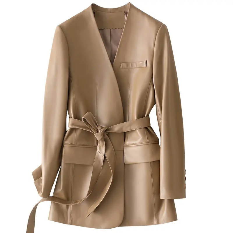 YOUANNA Genuine Leather Coats Minimalism Womens Jacket Casual Sashes Ladies Black Blazer Winter Long Overcoat Female HW3141