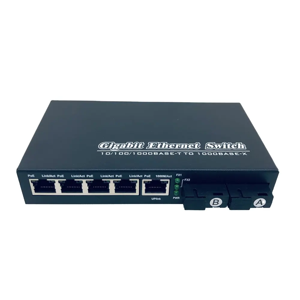 Interruptor Poe padrão 2fo 4rj45 + 1UPLINK 1.25g 48v Rede 2sc Fibra + 4 Portas 10/100/1000mbps 802.3 Af/at Over Ethernet Câmera IP