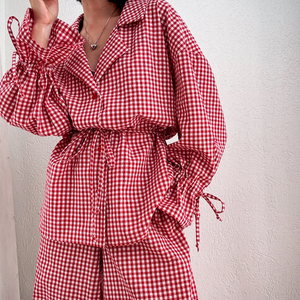 Ensemble pyjama trois pièces pour femme, motif quadrillé rouge, tendance 2026, doux, respirant et confortable, vêtements de détente - Product Image 2