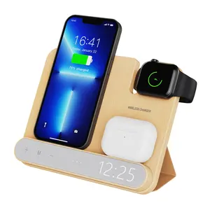 2023 Hot Selling 4 In 1 Wireless Charger Time Display 15W Wireless Charger With Alarm Clock For Iphone For Iwatch Airpods