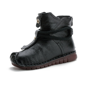 Winter Genuine Leather <strong>Ladies</strong> Ankle <strong>Short</strong> Boots Flat Flower Round Toe Plush Platform <strong>Lady</strong> Shoe Waterproof Ankle Bootie for Women - Product Image 1