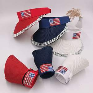 Femmes Été Extérieur Protection Solaire Large Bord Plage Lettres Drapeau Américain Strass Cristaux Visière Chapeau de Paille avec Pierres - Product Image 3