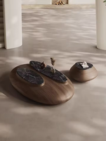 Moderner Minimalistischer Luxus-Couchtisch in Braun, Oval, Ei-Form, Wohnzimmermöbel aus Mikrokristalliner Stein- und Holzoptik, Pflegeleicht, mit Stauraum 9513