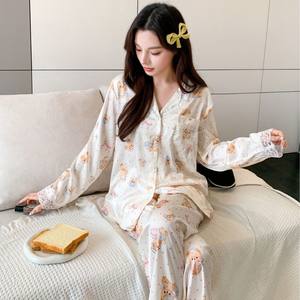 Conjunto de ropa de dormir para mujer, pantalones cortos, cárdigan de gasa transparente con ribete de encaje y manga larga, ropa de descanso con cintura elástica suave y estampado de dibujos animados para verano - Product Image 1