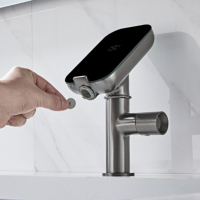 Grifo de Lavabo de Latón de Doble Modo con Pantalla Digital en Gris Metálico, Grifo de Agua Fría y Caliente con Estante de Almacenamiento que Ahorra Espacio