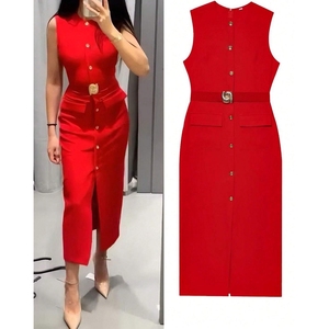 Robes élégantes sans manches à col rond et taille cintrée pour femmes, couleur unie, tendance - Product Image 3