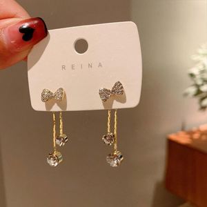 Trendy Gold Plated Zinc Alloy Bow Dangle <b>Hook</b> <b>Earrings</b> with Cubic Zircon and Charm Drop Jewelry for Women Party Gift - Product Image 3