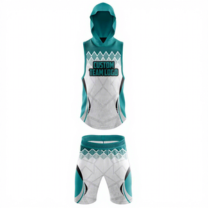 Nouvel ensemble tendance personnalisé de maillot de basket sublimé unisexe avec débardeur à capuche et short imprimé géométrique anti-humidité - Product Image 2