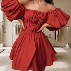 Vestido Mini de Verano Casual Rojo con Hombros Descubiertos, Mangas Abullonadas, Corte en A, Color Sólido, Cintura Elástica y Ajuste Holgado para Mujer - Product Image 4