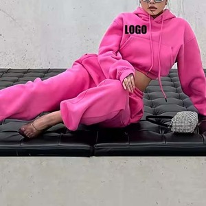Set da donna con Logo personalizzato <span class=keywords><strong>rosa</strong></span> felpa e <span class=keywords><strong>pantaloni</strong></span> da jogging 2 pz tuta pesante a gamba larga e Set felpa con cappuccio da donna - Product Image 4
