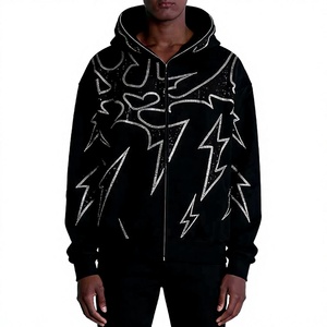 Sudadera con capucha negra para hombre con cremallera, estampado de rayo brillante, estilo urbano, corte regular, felpa francesa, 100% poliéster, con cremallera para otoño - Product Image 3