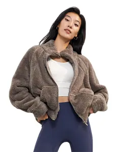 Fermuar ile kadın uzun deri ceket rahat katı baskı polar bulanık sahte shearlling sıcak kış dış giyim ceket