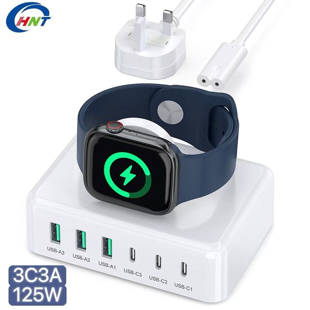 HNT 125W GaN 6 Port 3C3A Fast PD Charger Built-in Wireless Charger with 1.5m AC Extension Cable for Apple Watch iPhone Laptop