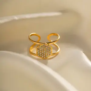Anello di apertura floreale rotondo in zirconio pieno in oro 18 carati in acciaio inossidabile anello di design di nicchia anti-sbiadimento