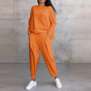 Solid Color Round Neck Long Sleeve Pocket Pants Women's Casual 2 Piece <b>Set</b> Fashion - Product Image 5